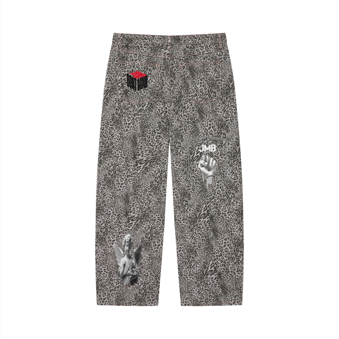 J M B Unisex Vintage Wash Leopard Wide Leg Jeans
