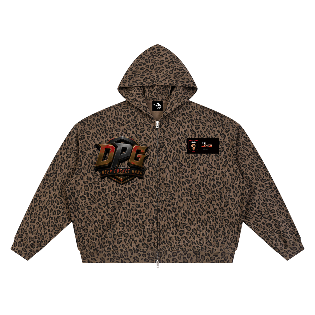 J M B Unisex Leopard Print Waffle Full Zip Hoodie