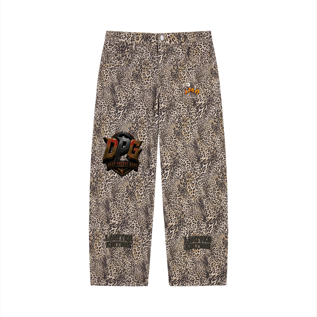 J M B Unisex Vintage Wash Leopard Wide Leg Jeans