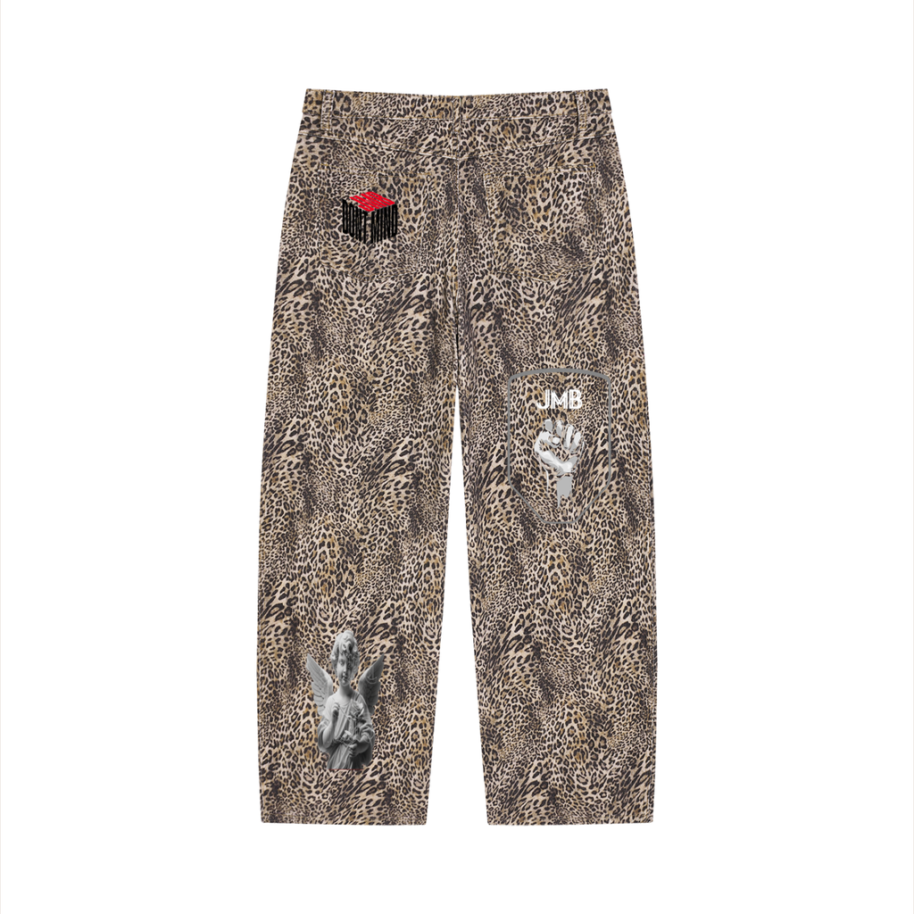 J M B Unisex Vintage Wash Leopard Wide Leg Jeans