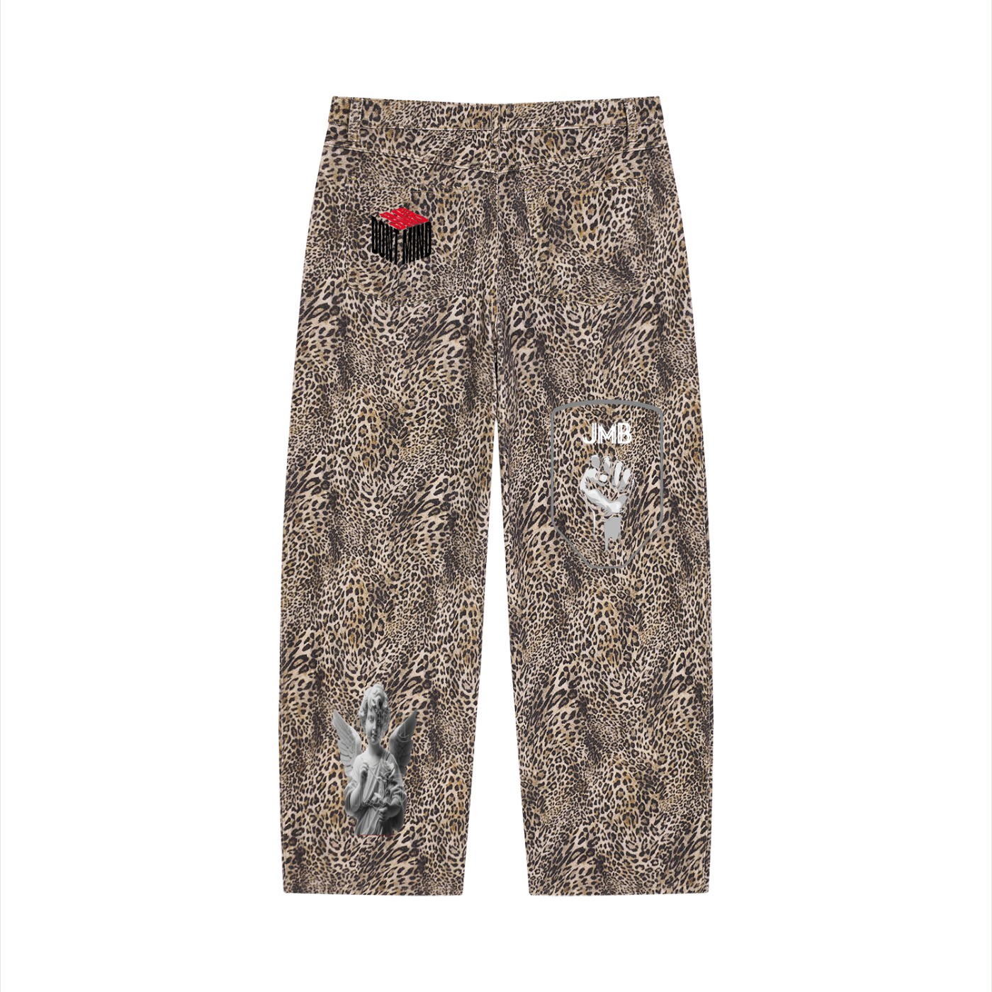 J M B Unisex Vintage Wash Leopard Wide Leg Jeans