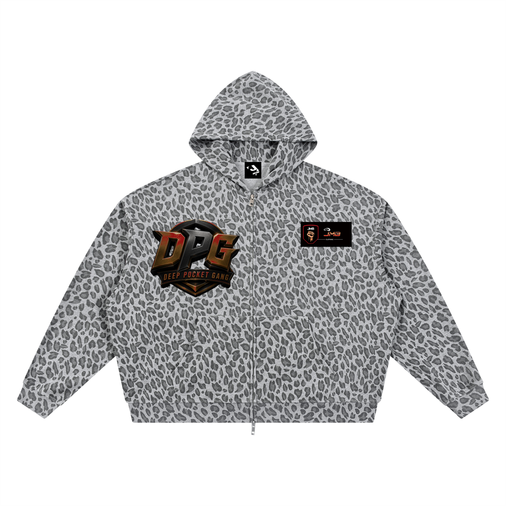 J M B Unisex Leopard Print Waffle Full Zip Hoodie
